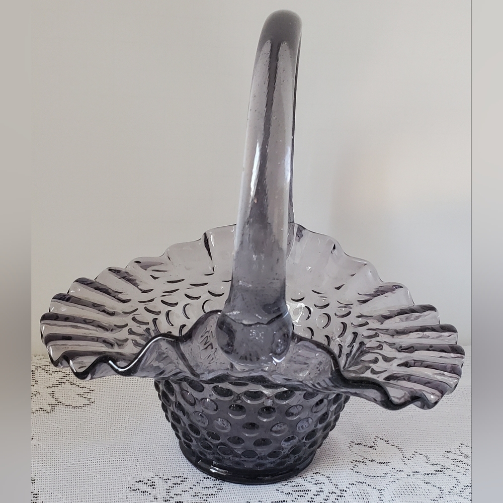 Antique Fenton Hobnail Purple Amethyst Glass Basket Ruffle 7.25" Violet